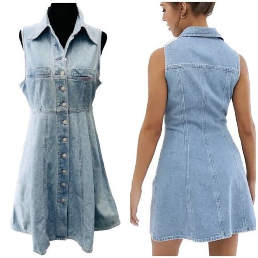 Vintage Squeeze Jeans Denim Shirt skater Dress A-line Sleeveless Small